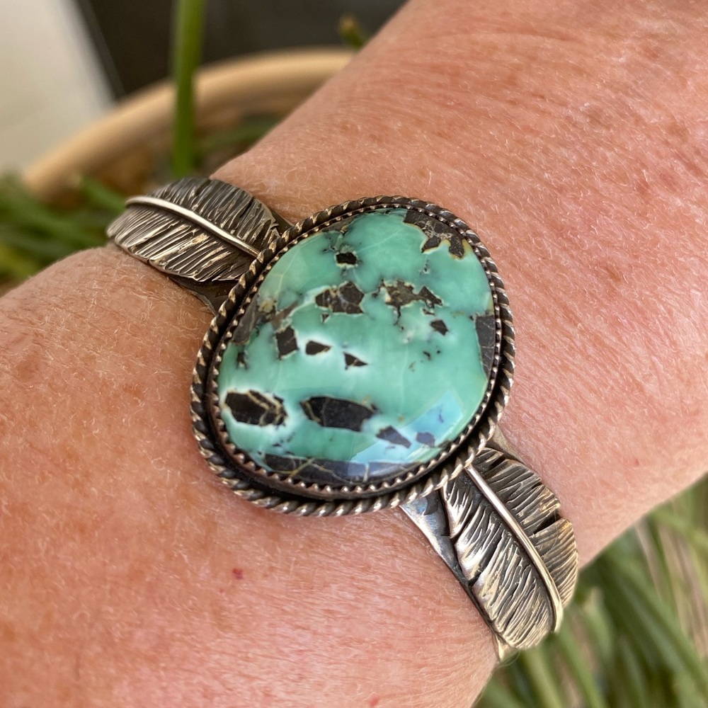 Prince Variscite Sterling Feather Cuff - Picture 5 of 5